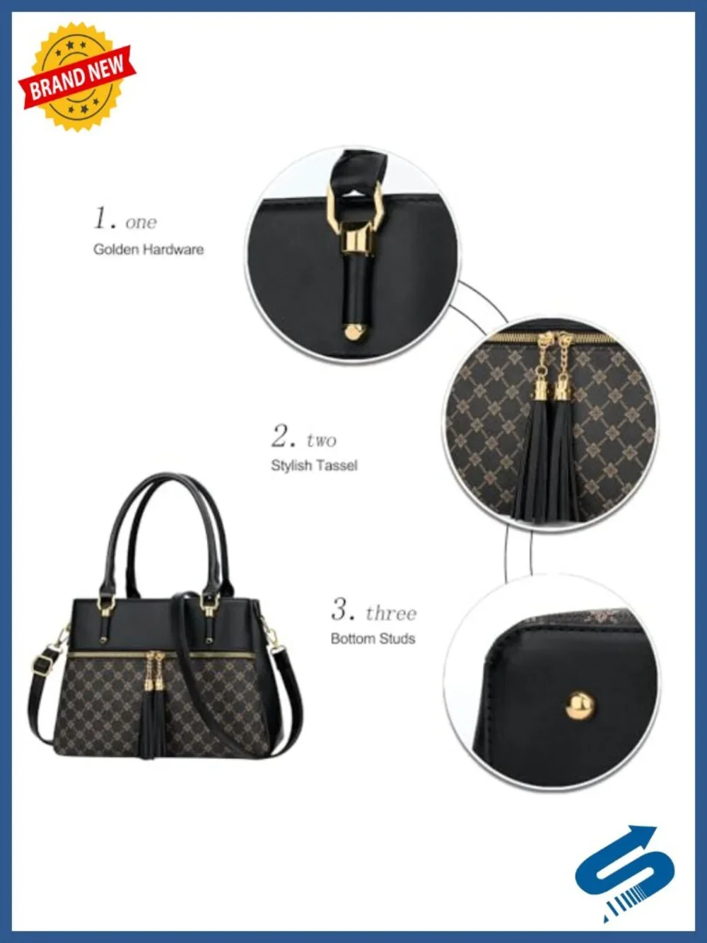 Vegan PU Leather Satchel Handbag Crossbody 3 Compartments Zipper